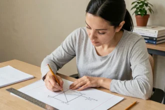 Femme calculant la diagonale d'un rectangle sur papier millimétré avec règle et crayon à un bureau en bois