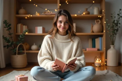 Jeune femme découvrant un livre du calendrier de l'Avent Hugo New Romance entourée de petits cadeaux emballés sur un parquet en bois