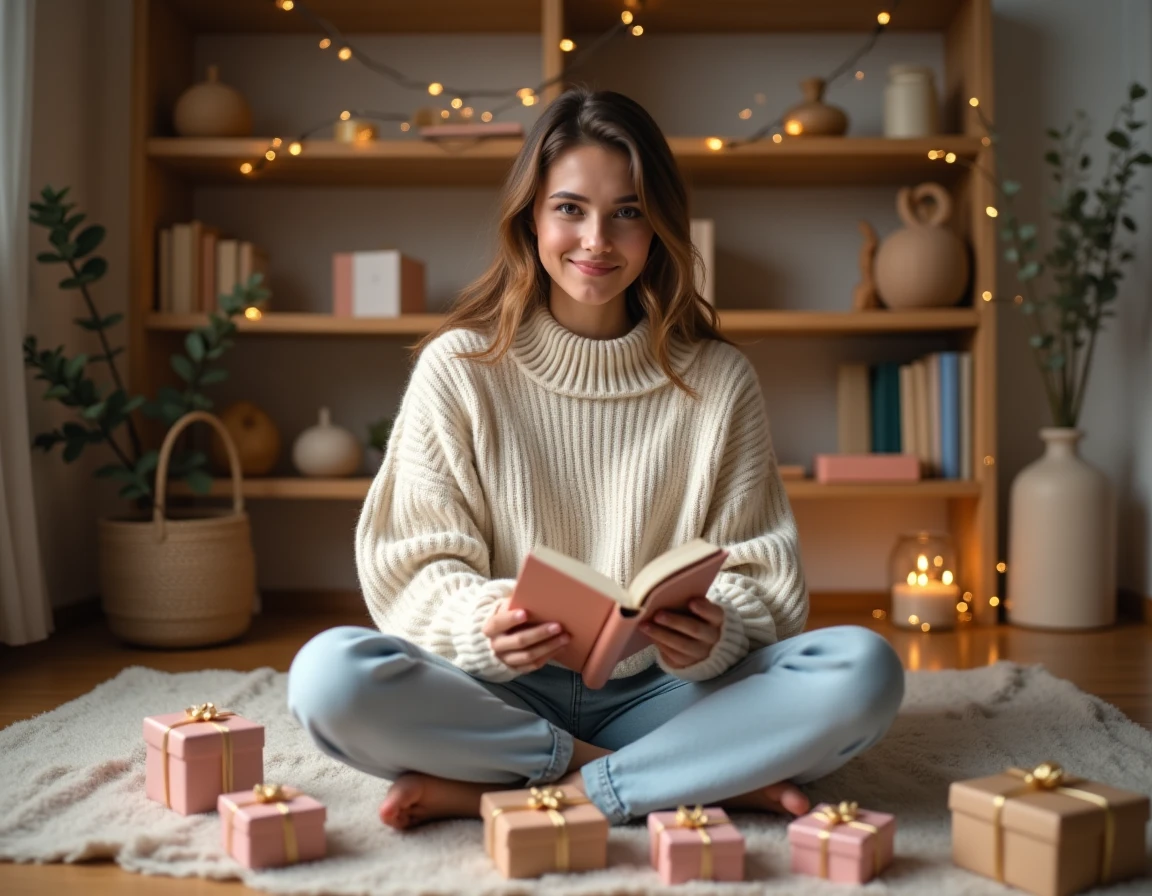 Jeune femme découvrant un livre du calendrier de l'Avent Hugo New Romance entourée de petits cadeaux emballés sur un parquet en bois