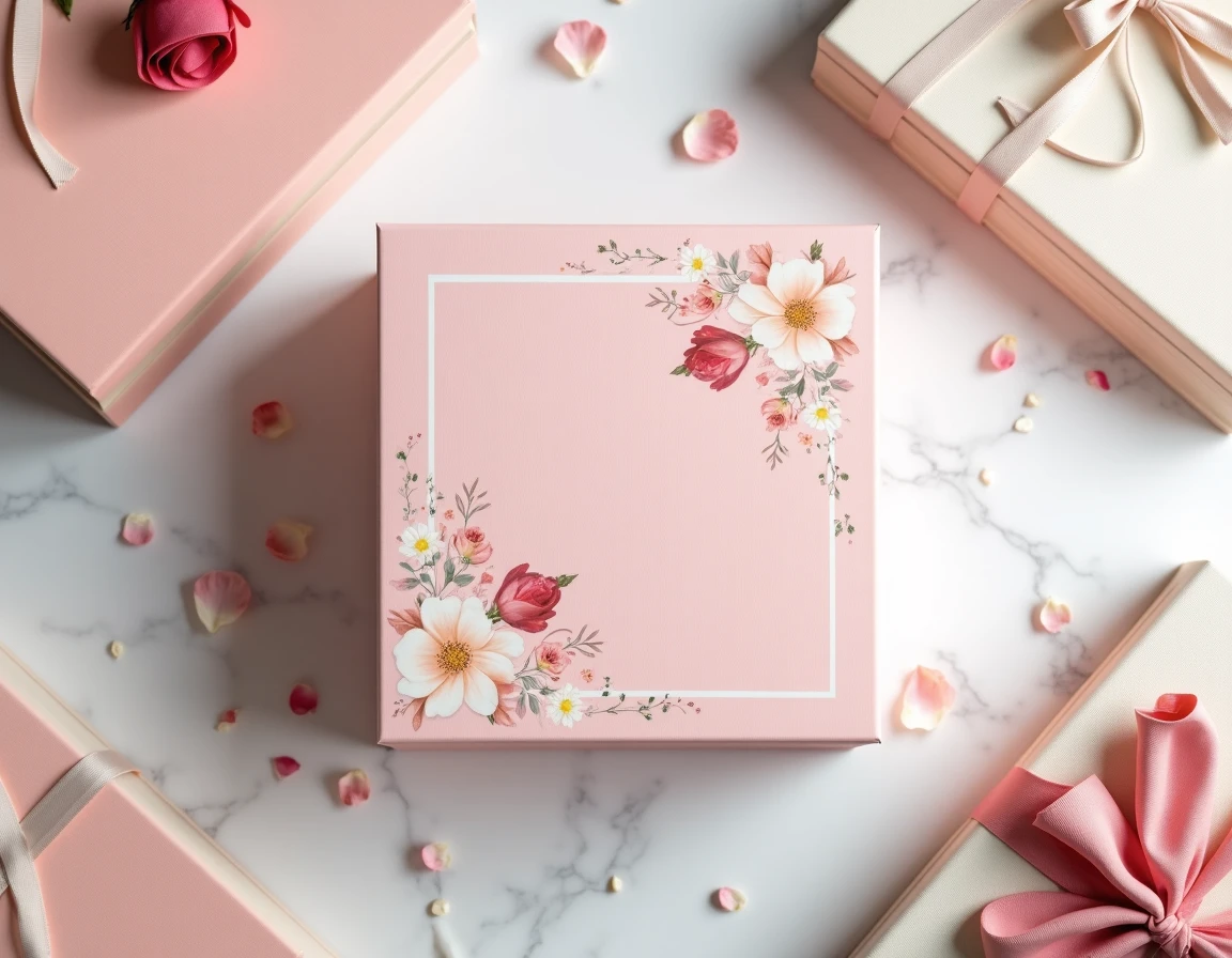 Flat lay du calendrier de l'Avent Hugo New Romance avec des romans de la collection entourés de décorations festives sur marbre blanc