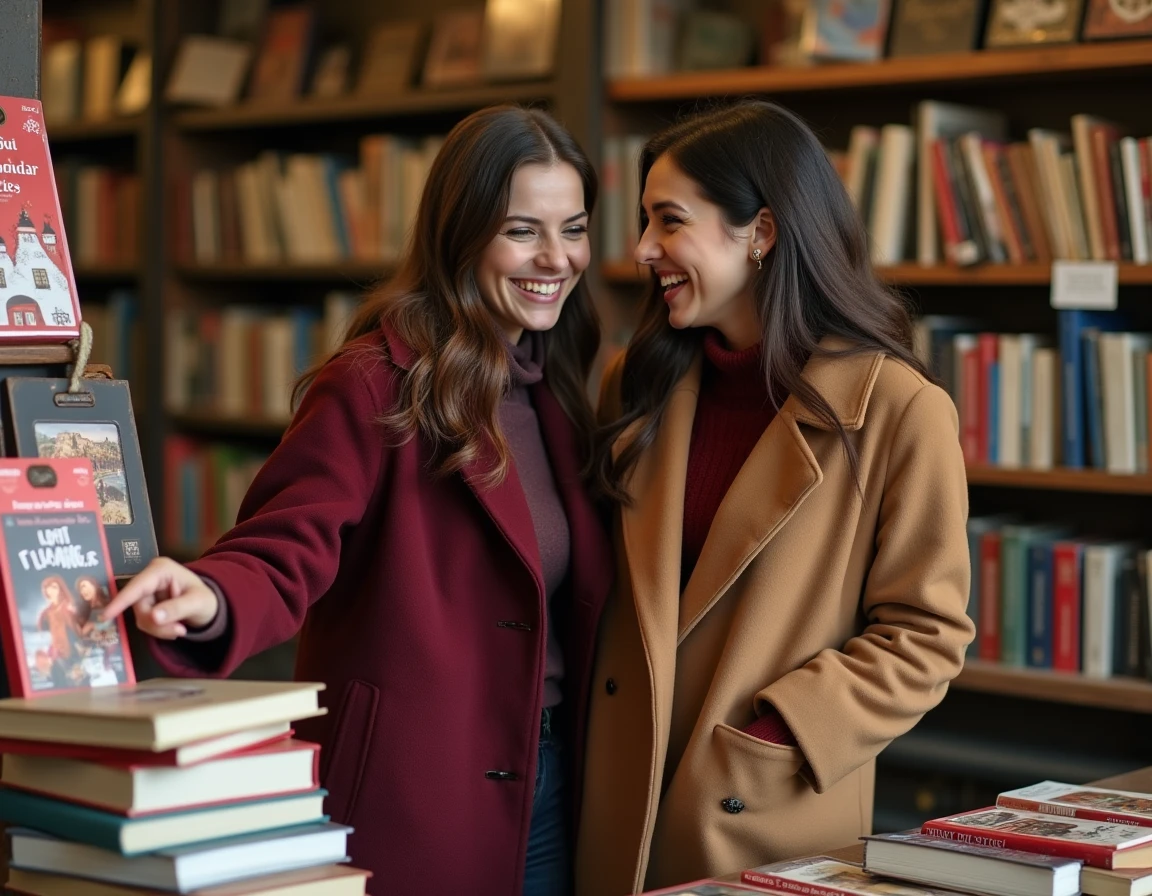 Deux femmes en librairie découvrant ensemble le calendrier de l'Avent Hugo New Romance devant un présentoir de romans