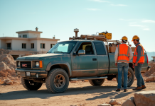 Camion utilitaire usagé sur un chantier avec ouvriers