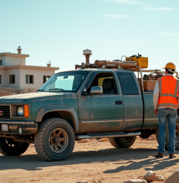 Camion utilitaire usagé sur un chantier avec ouvriers
