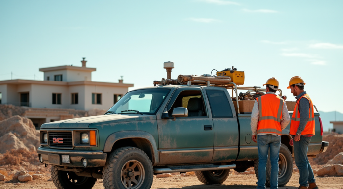 Camion utilitaire usagé sur un chantier avec ouvriers