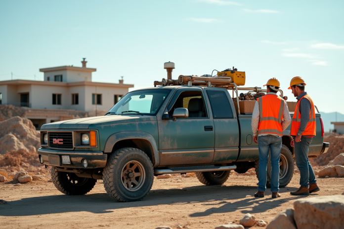 Camion utilitaire usagé sur un chantier avec ouvriers