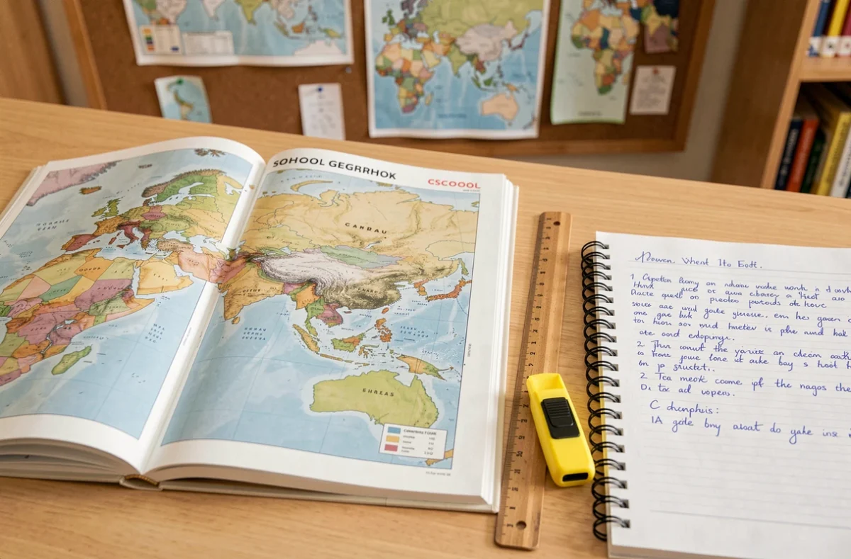 Livre de géographie ouvert sur une carte politique montrant la Turquie entre l'Europe et l'Asie, avec des notes manuscrites sur un bureau d'étudiant
