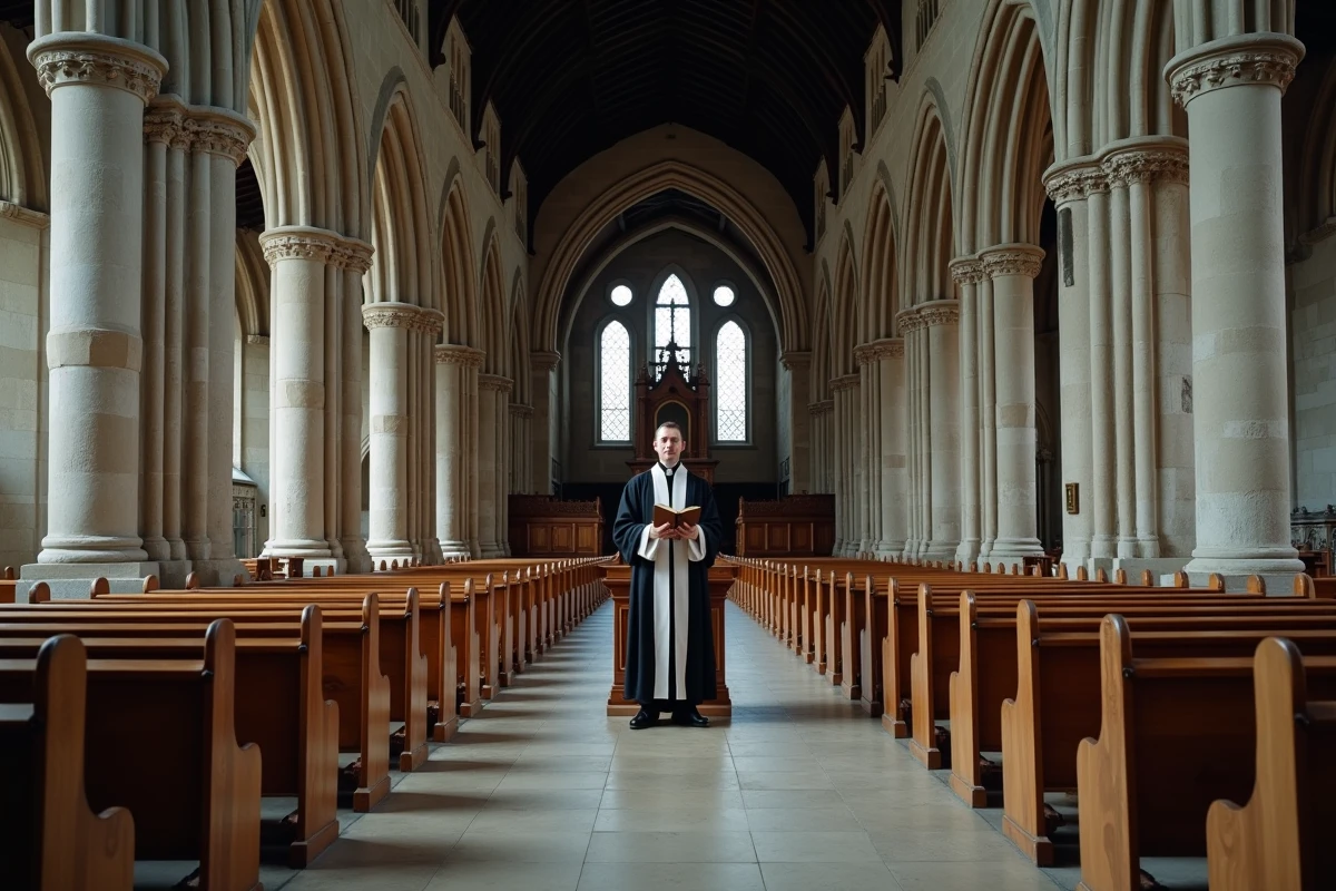 Intérieur d'une cathédrale anglicane gothique avec clergyman en tenue liturgique tenant une Bible