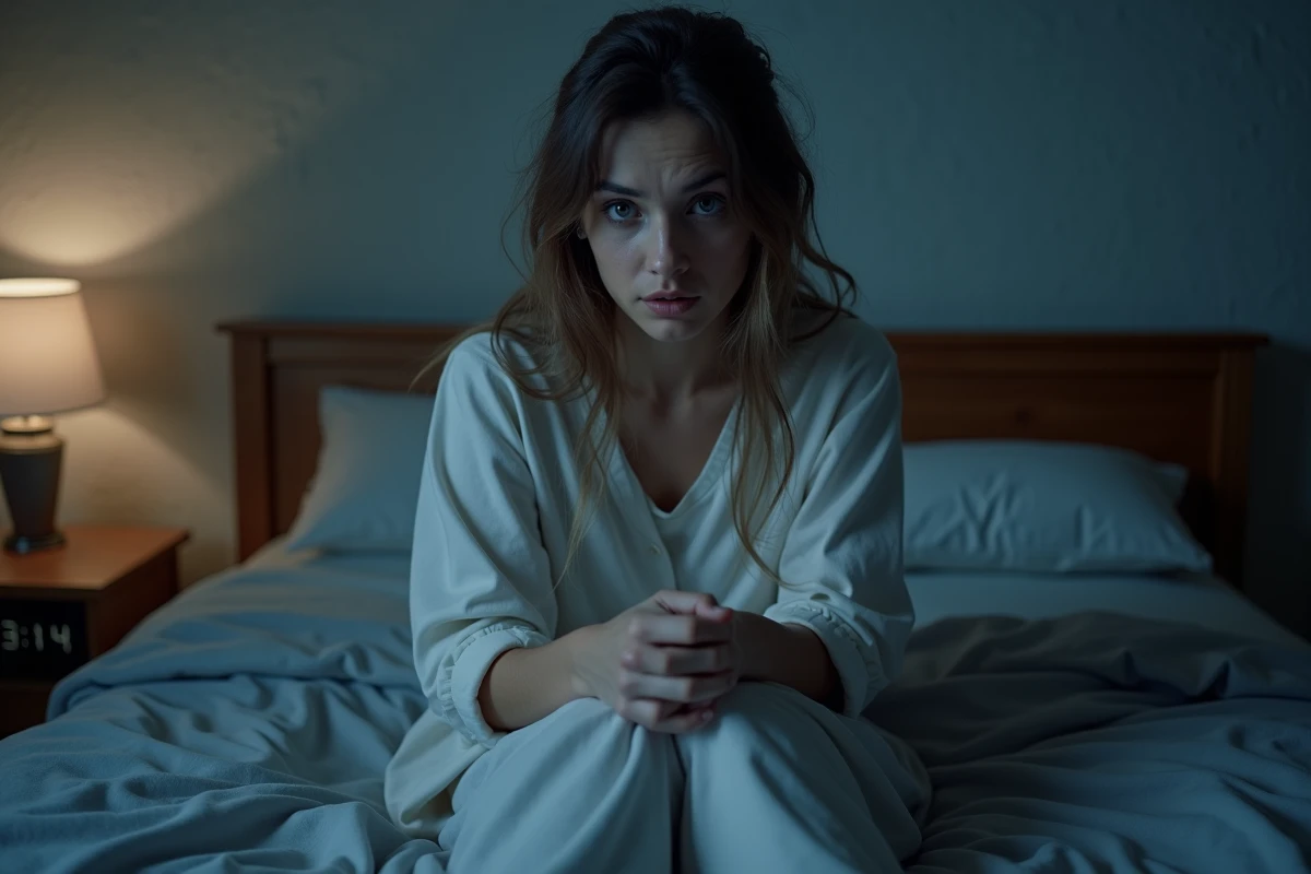 Femme réveillée en pleine nuit après un cauchemar, assise dans son lit avec une expression d'angoisse et de méfiance