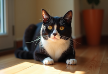 Chat tuxedo noir et blanc sur un sol en bois ensoleille