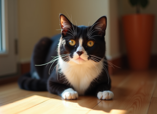 Chat tuxedo noir et blanc sur un sol en bois ensoleille