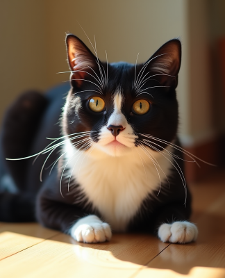 Chat tuxedo noir et blanc sur un sol en bois ensoleille