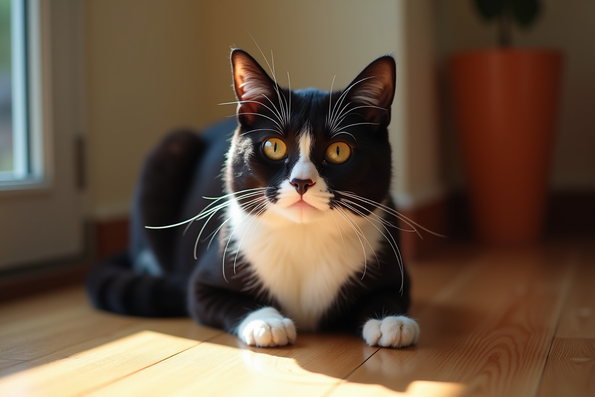 Chat tuxedo noir et blanc sur un sol en bois ensoleille