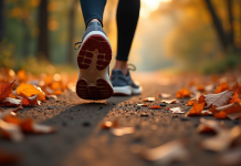 Chaussures de course sur un chemin automnal avec feuilles mortes
