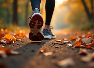 Mesurez vos balades : combien font 5000 pas en kilomètres ? Chaussures de course sur un chemin automnal avec feuilles mortes