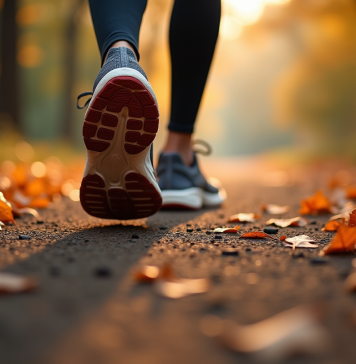 Chaussures de course sur un chemin automnal avec feuilles mortes