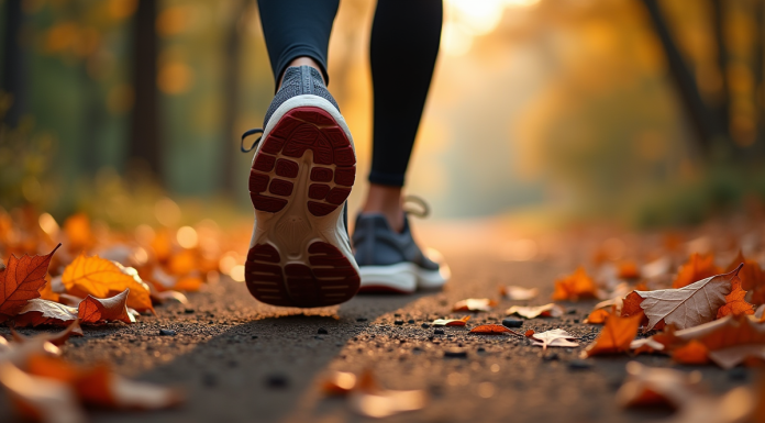 Chaussures de course sur un chemin automnal avec feuilles mortes