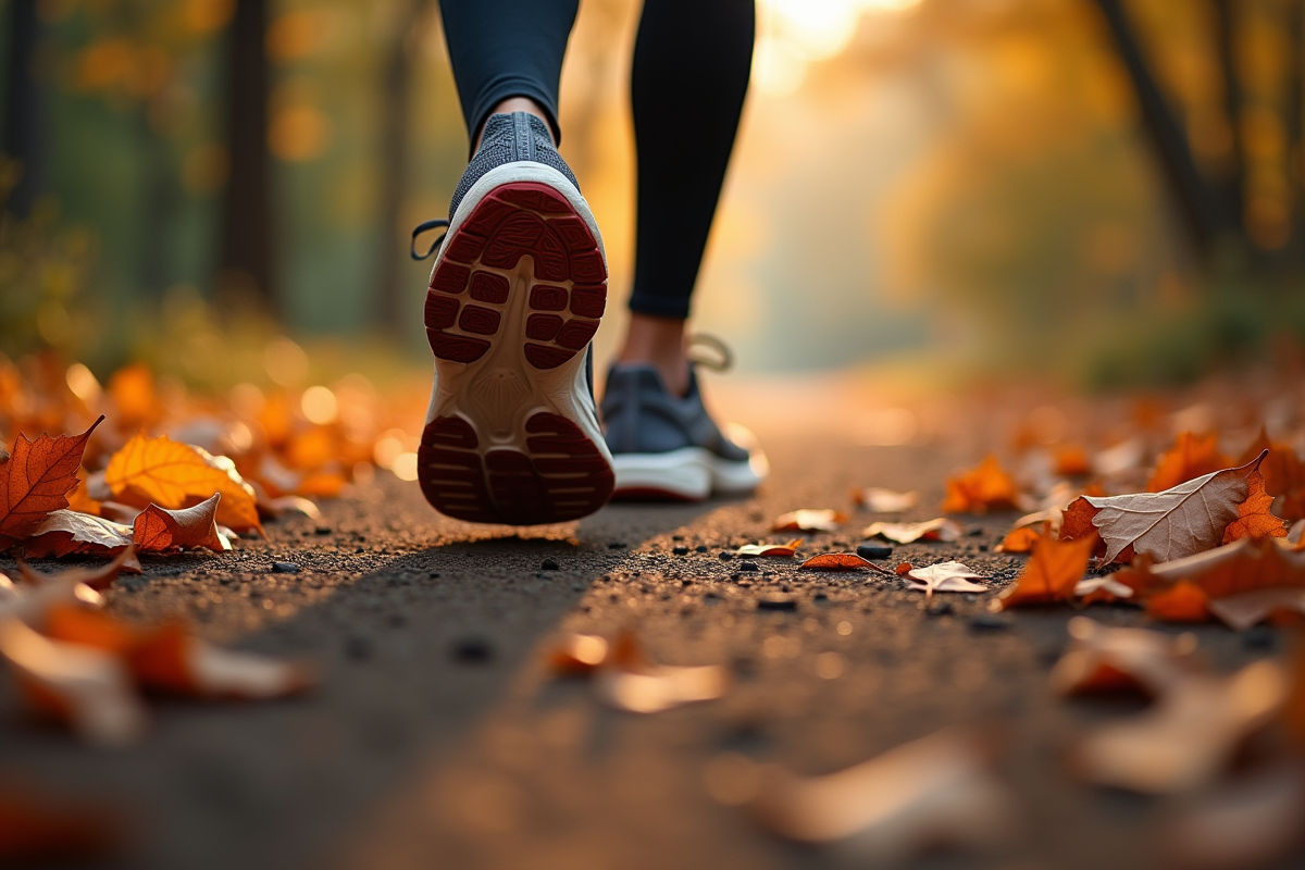 Chaussures de course sur un chemin automnal avec feuilles mortes