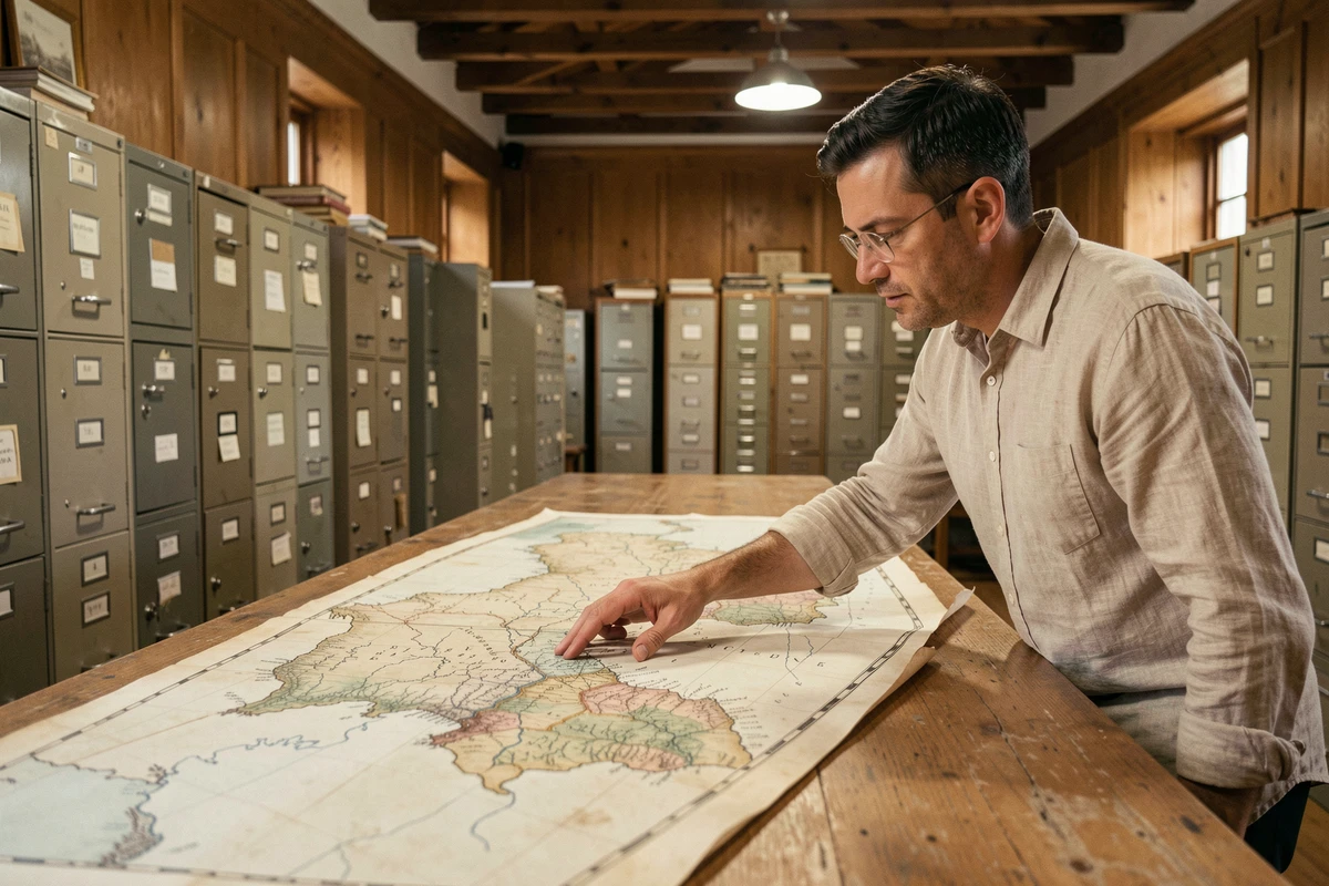 Chercheur examinant une carte coloniale ancienne dans une salle d'archives universitaire, illustrant la recherche historique sur les zones d'ombre coloniales liées au patchili