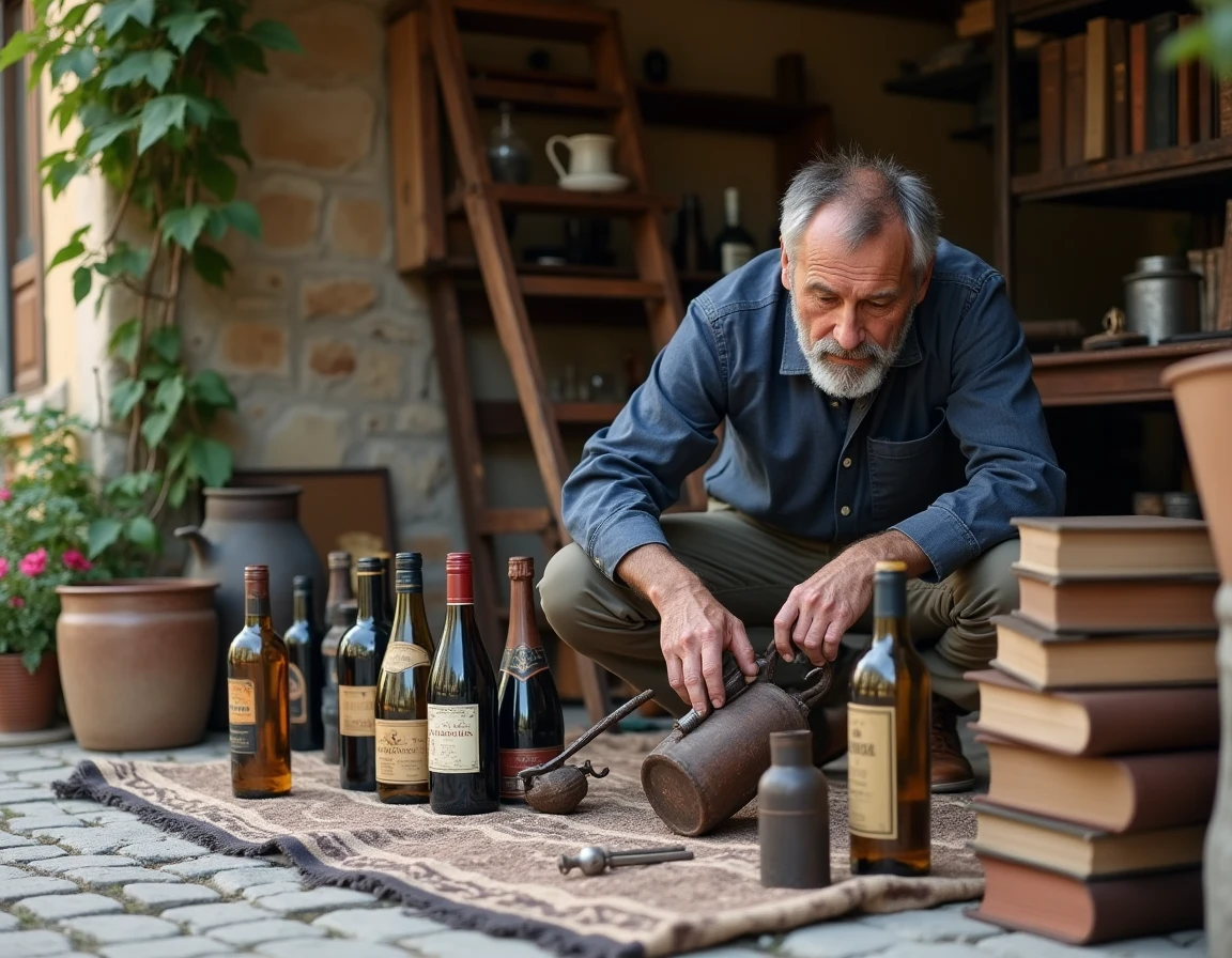 Chineur inspecant des objets anciens et bouteilles vintages posés sur une brocante en Provence dans les Alpes-Maritimes