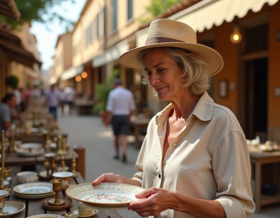 Chineuse examinant une assiette ancienne sur un marché aux puces en plein air dans les Alpes-Maritimes