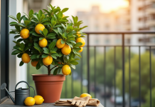 Citronnier en pot sur balcon ensoleille avec citrons jaunes