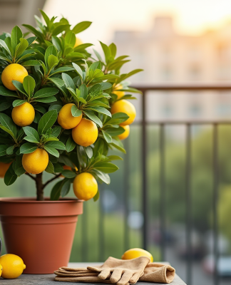 Citronnier en pot sur balcon ensoleille avec citrons jaunes