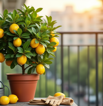 Citronnier en pot sur balcon ensoleille avec citrons jaunes