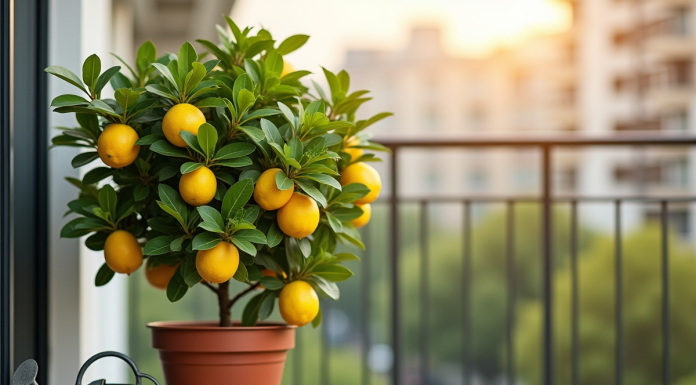 Citronnier en pot sur balcon ensoleille avec citrons jaunes