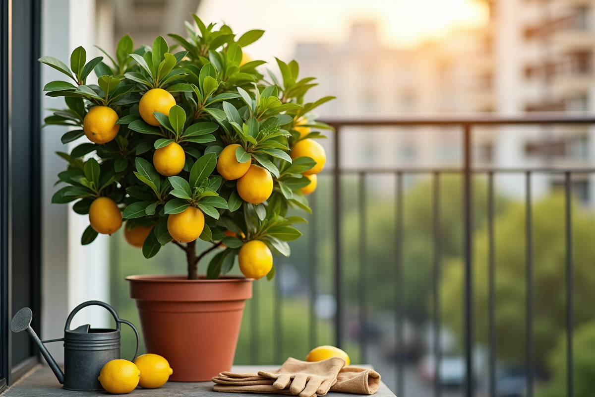 Citronnier en pot sur balcon ensoleille avec citrons jaunes
