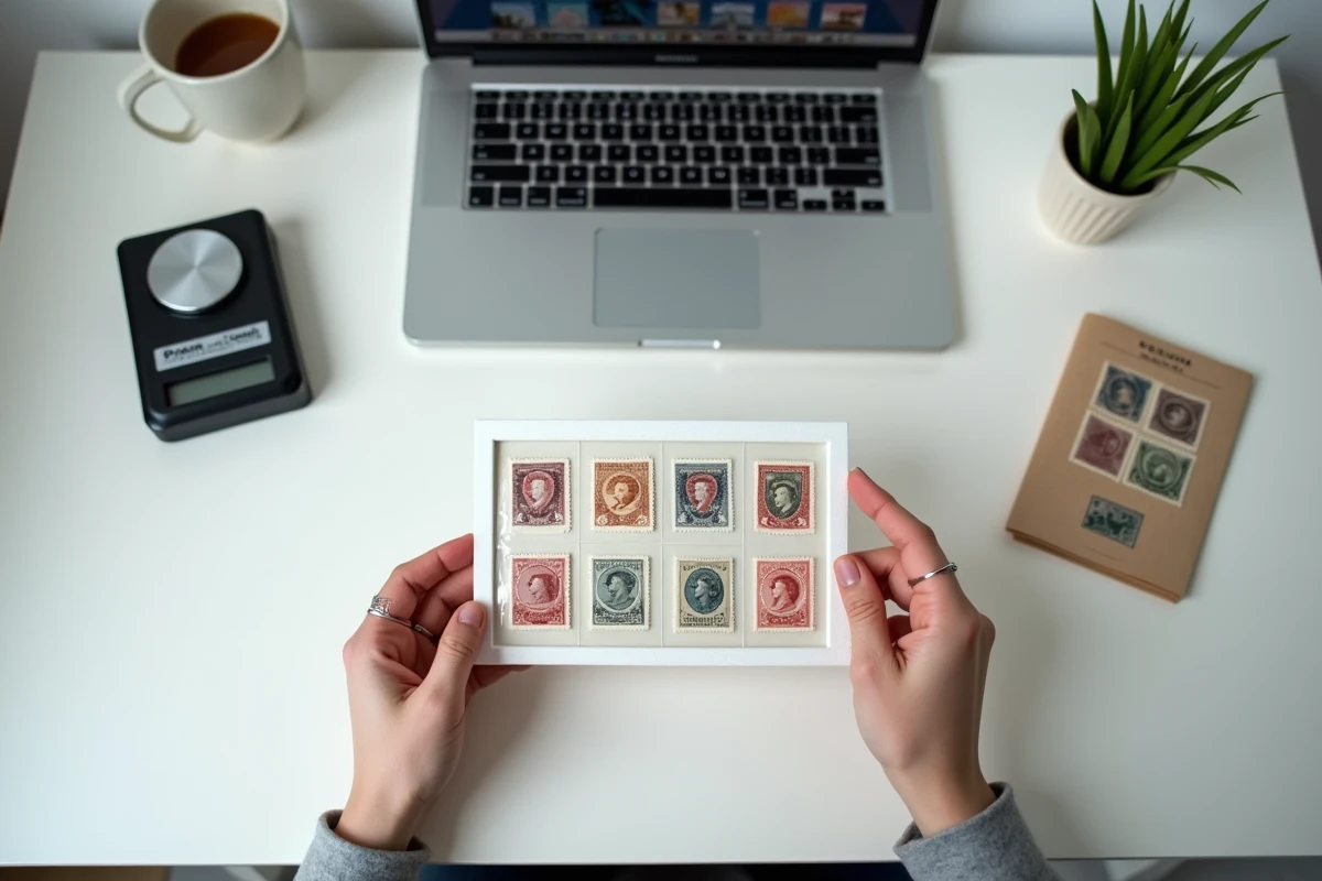 Mains classant des timbres rares dans des pochettes de protection sur un bureau moderne avec un site d'évaluation philatélique ouvert