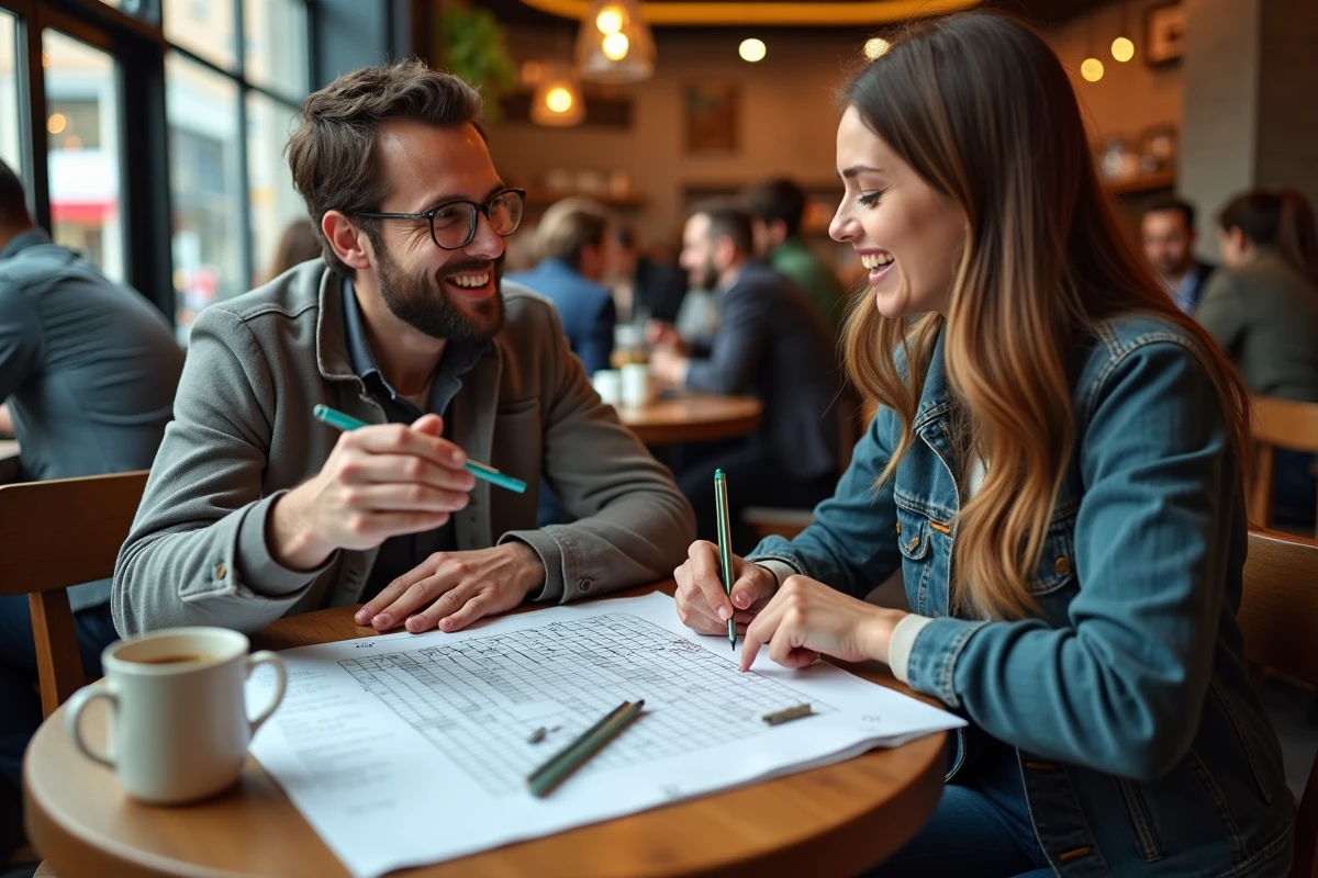 Deux collègues collaborant autour d'une grille de mots croisés manuscrite dans un café urbain pour un projet de newsletter