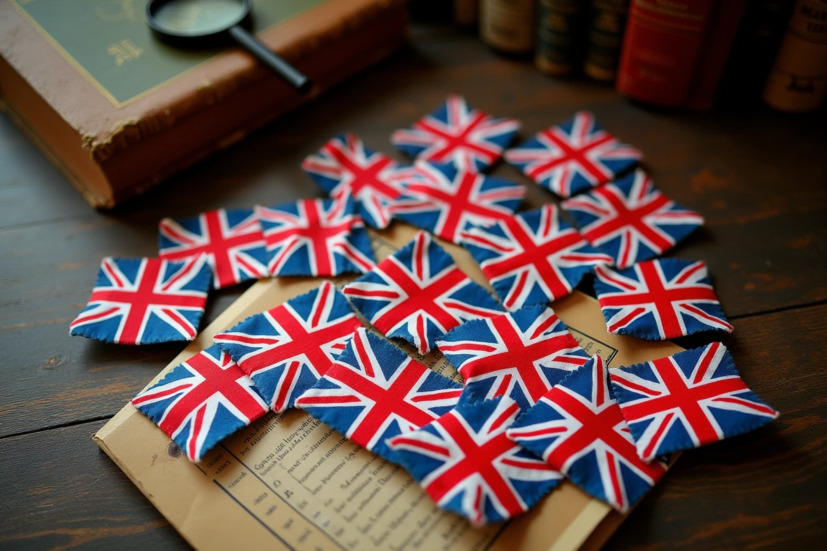 Collection de mini drapeaux du Royaume-Uni posés sur une table en bois avec des livres de géographie