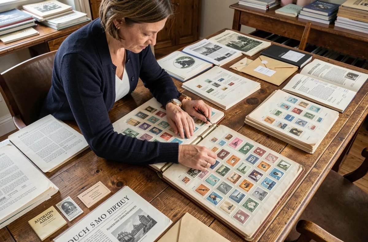 Femme philatéliste organisant des collections de timbres vintage avant une estimation d'expert