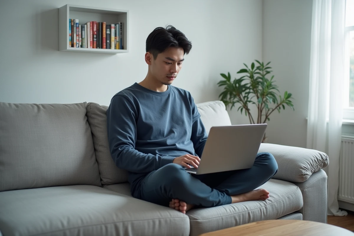 Homme jeune gérant sa collection de scans yaoi et mangas Boys Love sur un ordinateur portable dans un salon moderne