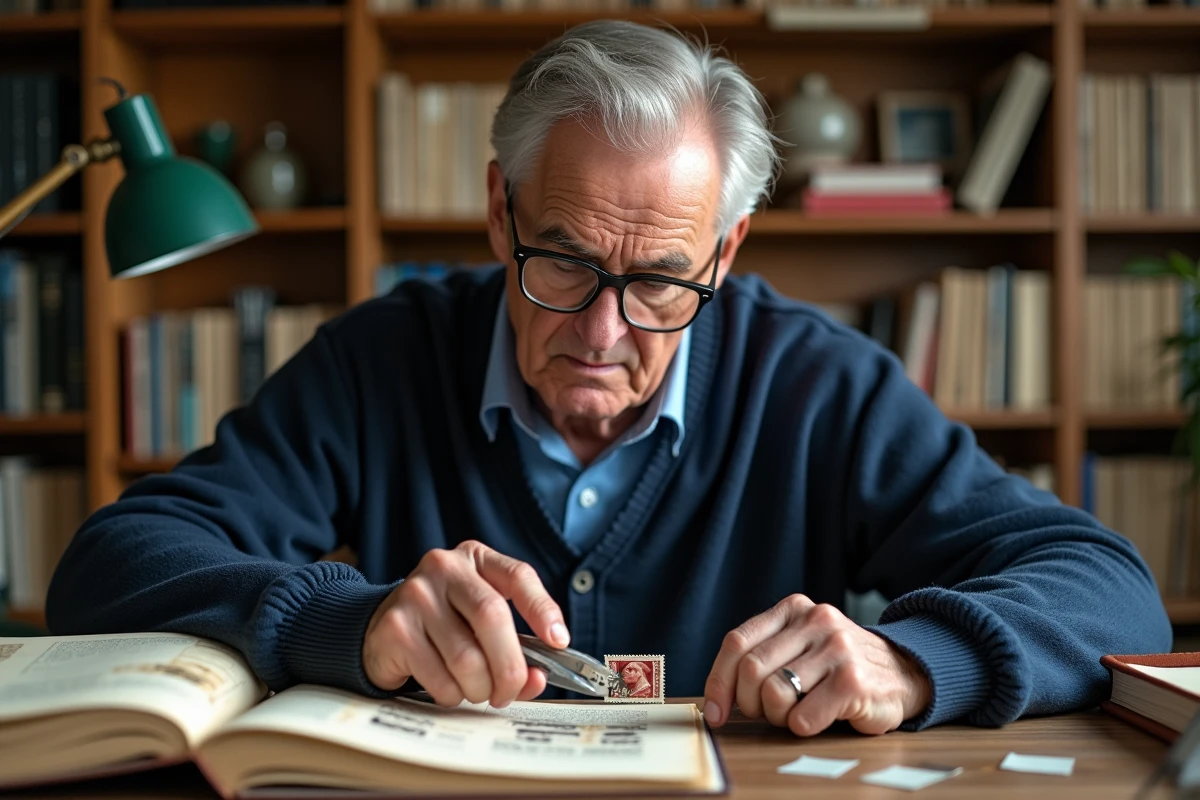 Collectionneur de timbres examinant un timbre vintage à la loupe avec des catalogues philatéliques ouverts sur un bureau en bois