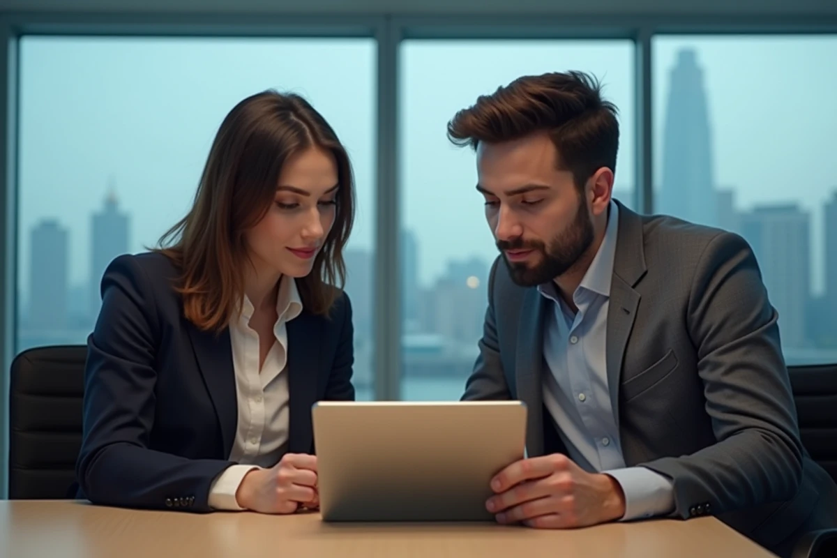 Deux collègues consultant ensemble une interface numérique respectueuse de la vie privée pour retrouver un numéro de portable en 2026