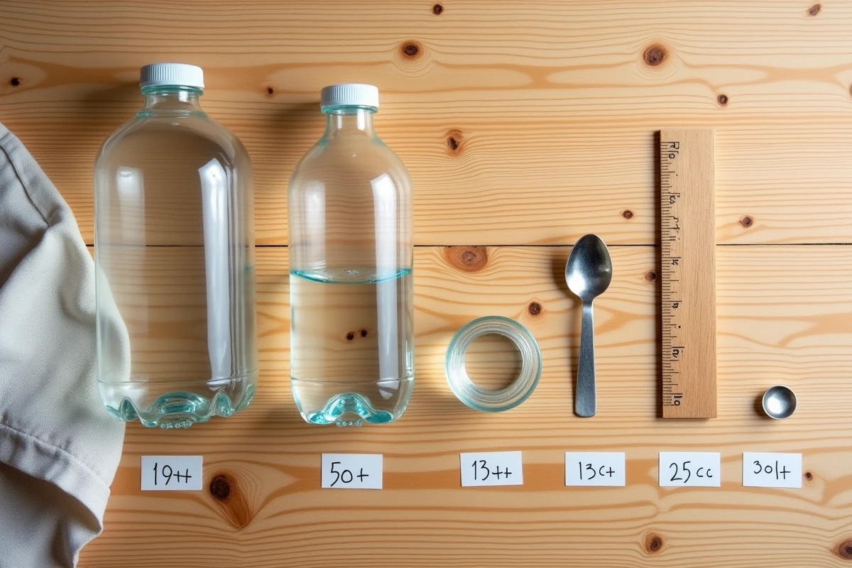 Vue de dessus de différents contenants de volume allant du millilitre au litre avec des étiquettes de conversion posés sur une table en bois
