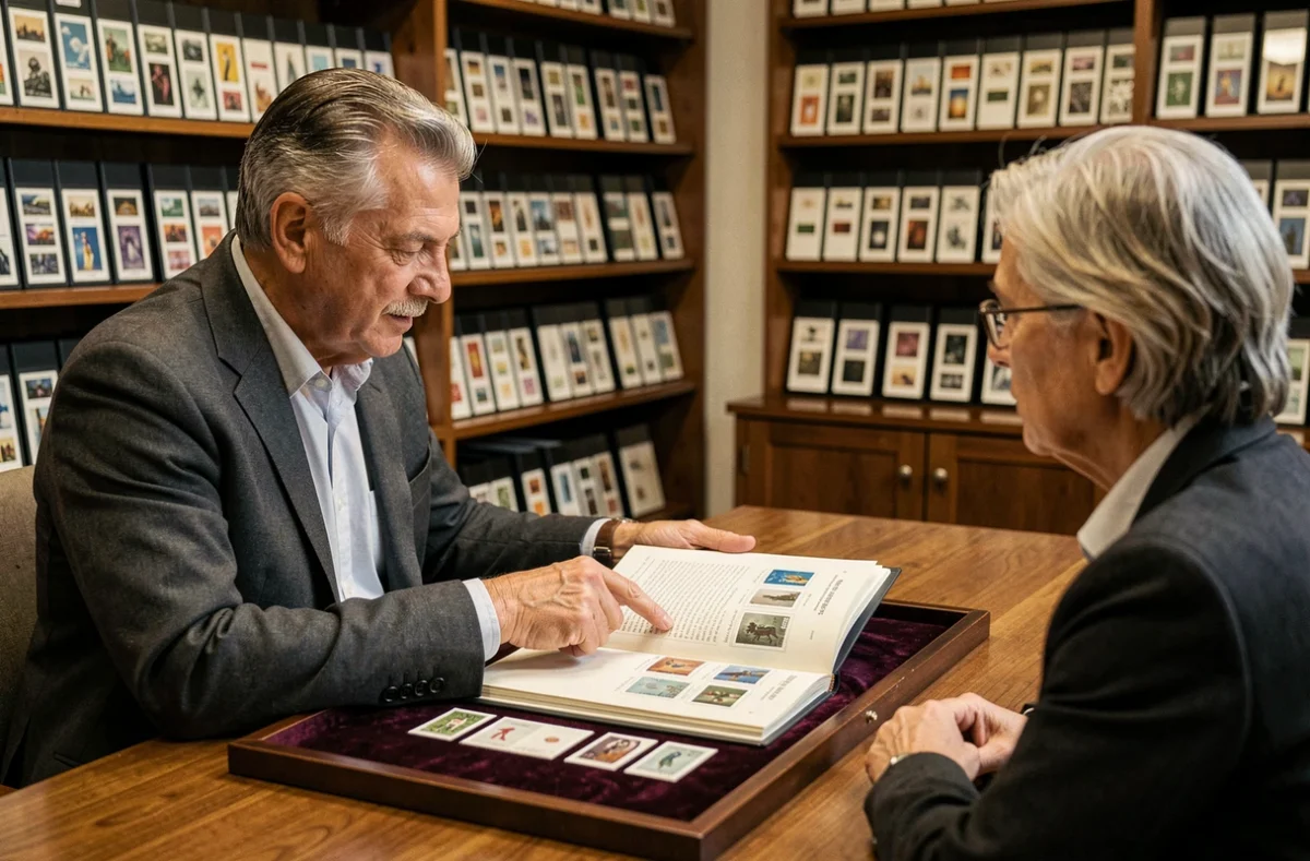 Expert philatéliste en consultation montrant les erreurs d'évaluation à éviter avant de vendre des timbres