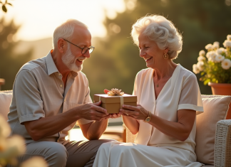 L’importance de célébrer vos noces de 35 ans de mariage Couple d'âge moyen célébrant 35 ans de mariage sur une terrasse ensoleillée