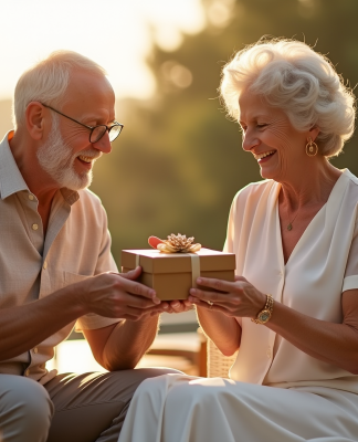 Couple d'âge moyen célébrant 35 ans de mariage sur une terrasse ensoleillée