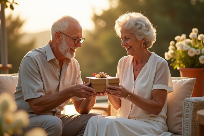 couple-anniversaire-35-ans Couple d'âge moyen célébrant 35 ans de mariage sur une terrasse ensoleillée
