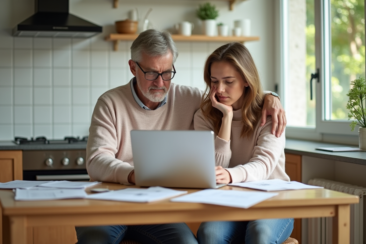 Couple détendu dans la cuisine avec ordinateur portable