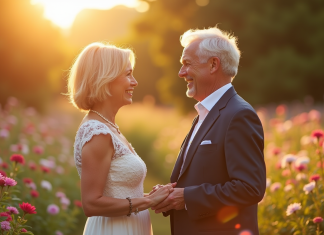 Les 14 meilleures façons de renouveler vos voeux pour vos 14 ans de mariage Couple mature échangeant leurs vœux dans un jardin ensoleille