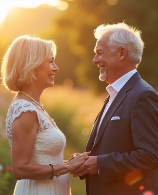 Couple mature échangeant leurs vœux dans un jardin ensoleille