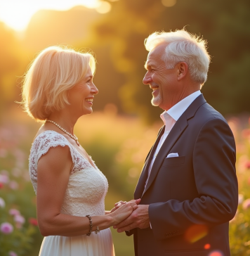 Couple mature échangeant leurs vœux dans un jardin ensoleille