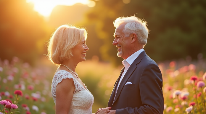 Couple mature échangeant leurs vœux dans un jardin ensoleille
