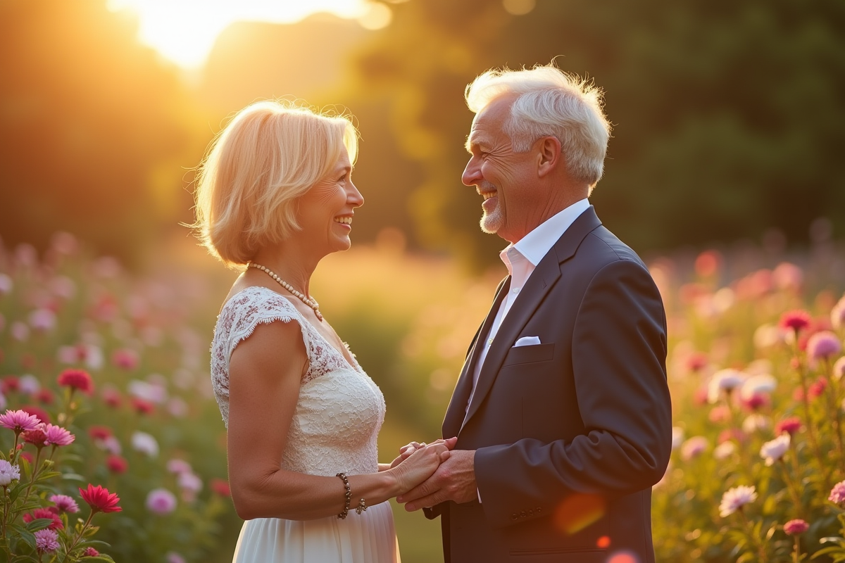 Couple mature échangeant leurs vœux dans un jardin ensoleille