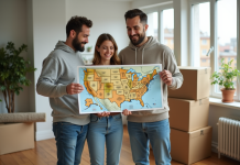 Couple souriant avec carte des Etats-Unis dans leur nouveau logement