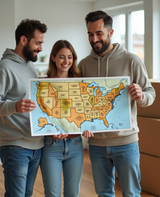 Couple souriant avec carte des Etats-Unis dans leur nouveau logement