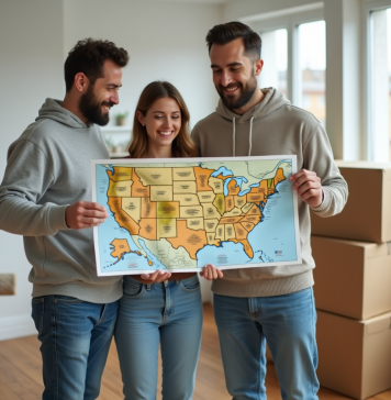 Couple souriant avec carte des Etats-Unis dans leur nouveau logement
